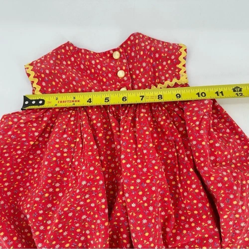Vintage Handmade Girls Red Floral Dress 18–24M Yellow Rickrack Trim